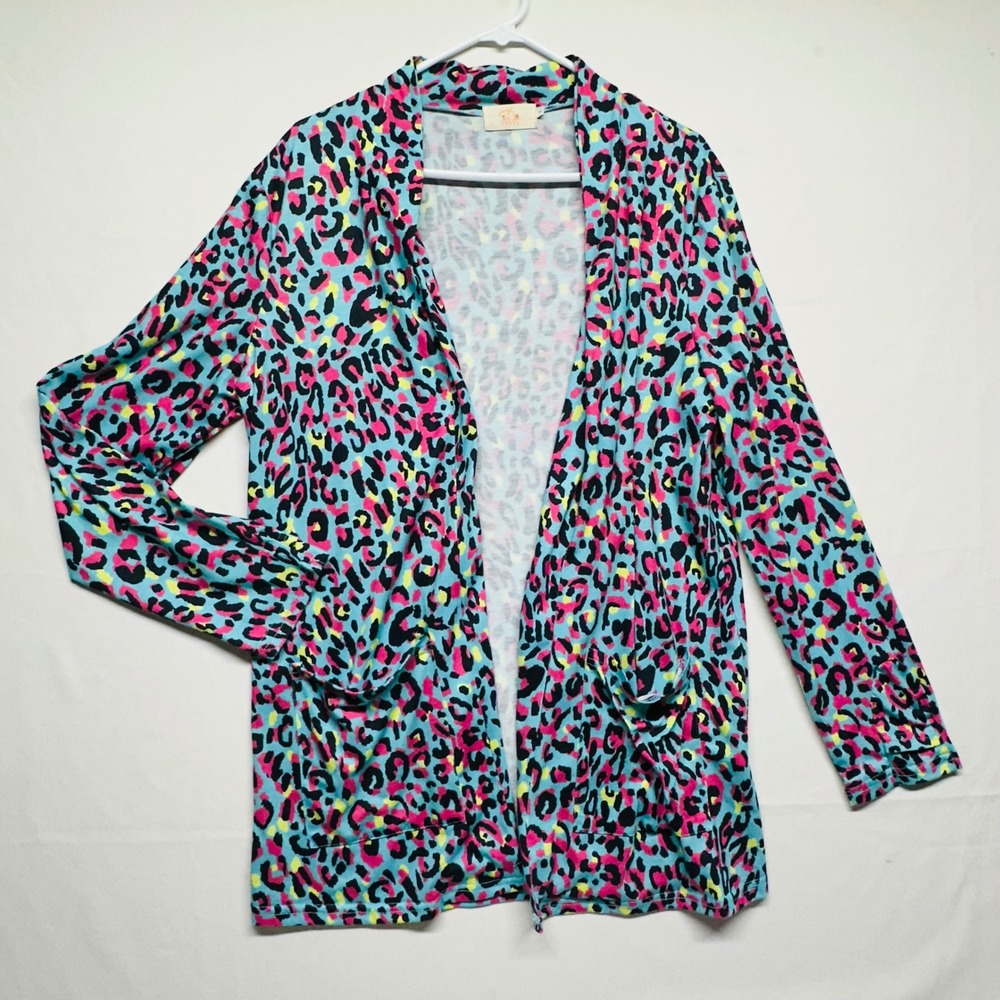 Judy K Colorful Leopard Print Robe Duster Open Front Wrist Hankie Pockets Size L